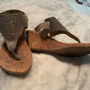 Size 6 cork  wedge sandals - toe 2 1/2 in heel gold rhinestone sling back